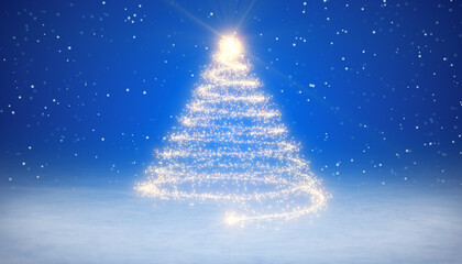 Illustation of a shiny Christmas tree with glitter effect on blue background. - Vacation concept - Abstract background.