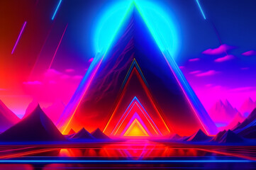Futuristic landscape with triangular and neon elements. Fiction. AI
