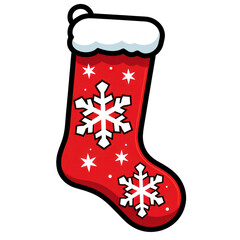 a cute Christmas stocking with snowflakes simple line art with color on isolated white background