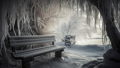 Tranquil winter landscape snow covered tree, bench, and frosty branch generated by AI
