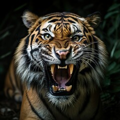 Siberian tiger glaring with open mouth and growling