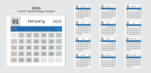 2024 Desk Calendar Planner Templates for a company or home. Simple full page calendar in vector format with Sunday as the start of the week.