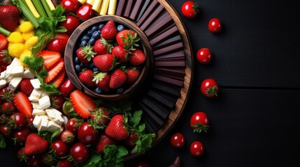 Fresh fruits and berries in wooden bowl on black background, top view