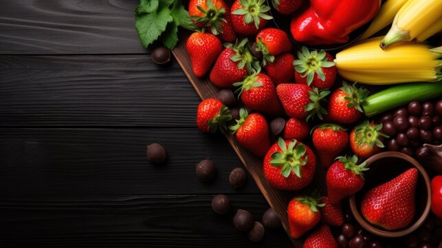 Fresh fruits and vegetables on black wooden background. Healthy food concept