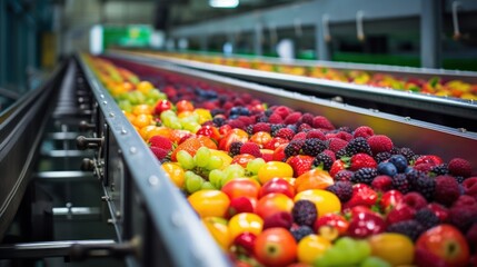 Fruits and vegetables on conveyor belt in factory, food industry