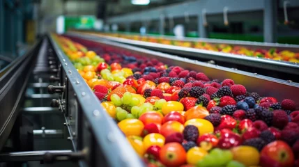 Poster Fruits and vegetables on conveyor belt in factory, food industry © Ali