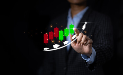 Businessman analyzing graphs, partnerships, finance, working with graphics, virtual technology, digital, positive indicators, growth.