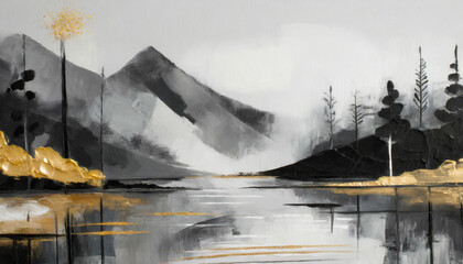 Nature landscape with lake and mountains. Abstract oil painting monochrome palette with gold flows and splashes, melancholic mood. Artistic background