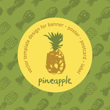 Color pineapple emblem on pineapple pattern seamless. Ananas background for food packaging or cosmetic label design. Fruit ornament for banner background with natural drawing textures. Fine art style.