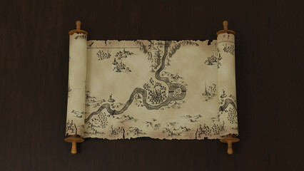 3d rendering. An ancient scroll with a map of an unknown country. Fantasy world.