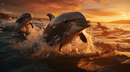dolphins leaping into the ocean at sunset