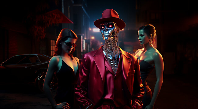 Robopimp, a picture of a robot pimp with his girls, cinematic lighting,  bokeh and reflection, 