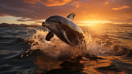 dolphins leaping into the ocean at sunset
