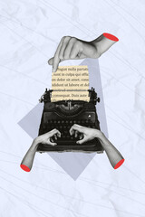 Magazine picture sketch collage image of arms typing vintage typewriter isolated creative violet...