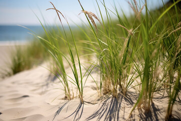 beauty of dunes adorned with lush green beach grass, embodying stability these plants provide to sandy landscapes and sense of natural balance they represent --v 5.1
