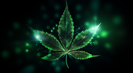 A glowing green cannabis leaf with a neon outline.