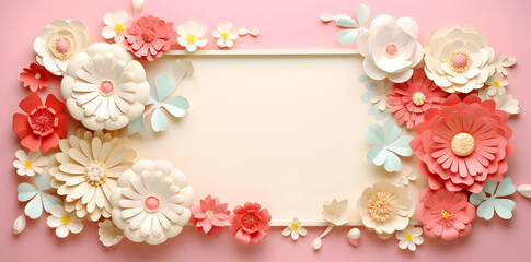 Pink color framework for photo or congratulation with paper blossom and flowers.Woman's day, 8 march, Easter, Mother's day, anniversary