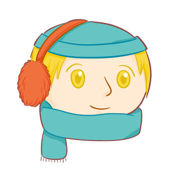 Hand drawn headshot of a man wearing hat, earmuffs and scarf, transparent background