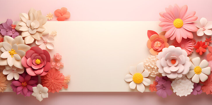 Pink color framework for photo or congratulation with paper blossom and flowers.Woman's day, 8 march, Easter, Mother's day, anniversary