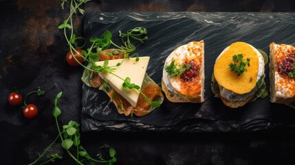 Top view of delicious appetizing sandwich with salmon, cheese and herbs on black background