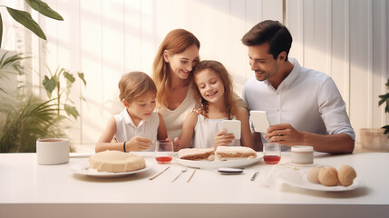 Obraz na płótnie Canvas happy family using mobile phone together 