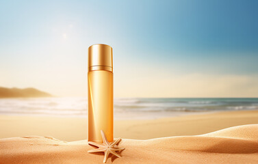 sun protection cream in gold bottle on the beach, morning sea background - obrazy, fototapety, plakaty