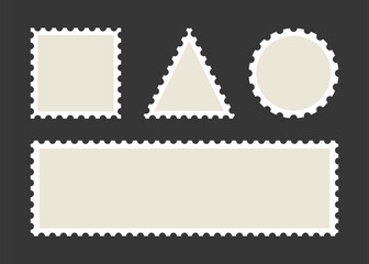 Obraz premium Post stamps. Empty stamps set. Postal shapes border. Blank frames for mail letter. Postage perforated templates. Collection paper postmarks isolated on background. Vector illustration