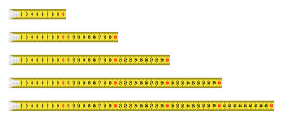 Yellow and black measure tape ruler 10, 20, 30, 40 and 50 cm yellow school measure ruler. metric measurement. School equipment. Realistic tape for tool roulette in flat style. Vector illustration - obrazy, fototapety, plakaty