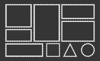 Post stamps. Empty stamps set. Postal shapes border. Blank frames for mail letter. Postage perforated templates. Collection paper postmarks isolated on background. Vector illustration