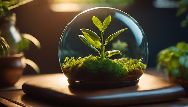 goals for sustainable development that encourage clean energy. a glass globe with a green plant growing out of it