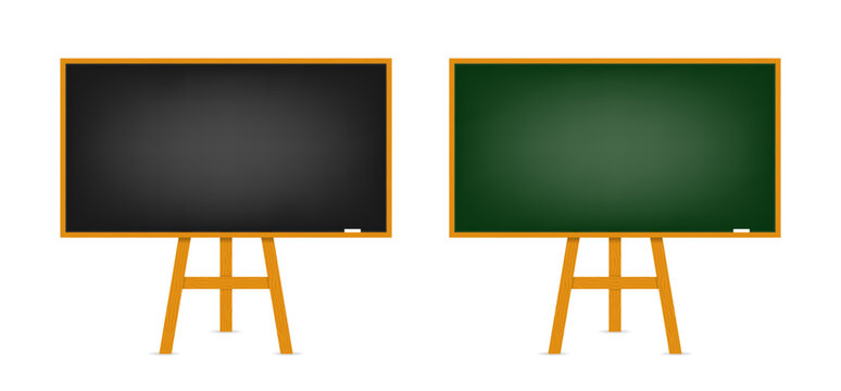 Chalkboard set. Realistic black and green board in a wooden frame isolated on a white background. Chalkboard collection. Background for school or restaurant design, menu. Vector illustration