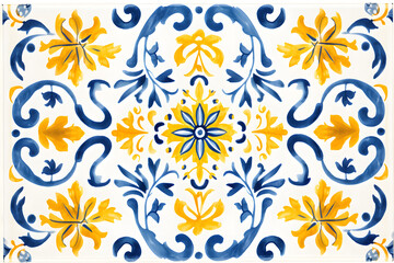 Pattern of azulejos tiles. Rustic blue and yellow tile watercolor seamless pattern 