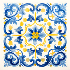 Pattern of azulejos tiles. Rustic blue and yellow tile watercolor seamless pattern 