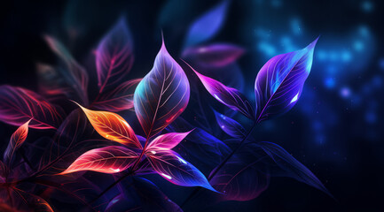 Multiple neon leaves floating on an abstract, cosmic background.