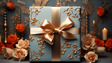 a giftbox background decorated with floral shape elements. Generative ai.