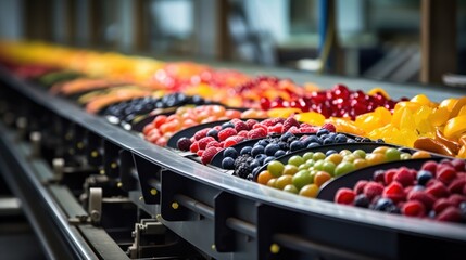fruits and berries on conveyor belt in factory, closeup