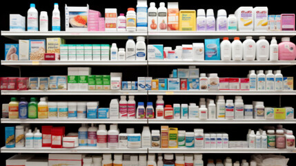 Pharmacy store drugs shelves, pharmacy business store, showcasing various types of prescription medications medical supplies, Shelves with Health Care Products, Concept of pharmacist, blurred image - obrazy, fototapety, plakaty