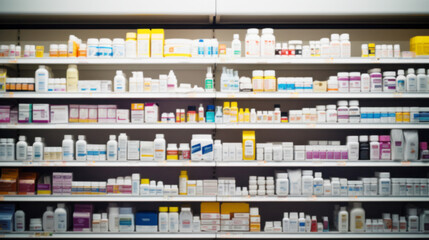 Pharmacy store drugs shelves, pharmacy business store, showcasing various types of prescription medications medical supplies, Shelves with Health Care Products, Concept of pharmacist, blurred image