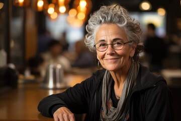 older woman smiling in casual restaurant, in the style of abrasive authenticity, intricate layering