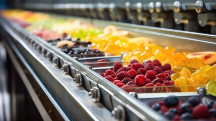 Fototapeta premium Raspberries, blueberries and oranges in a row on conveyor belt