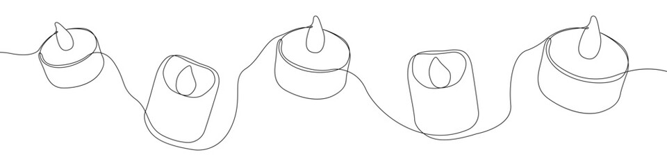 Candle icon line continuous drawing vector. One line Electric safe candle icon vector background. Set of burning candles icon. Continuous outline of Wax, paraffin candle. - obrazy, fototapety, plakaty