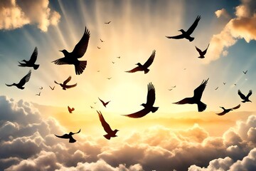  Birds fly to the sun, cloud on the sky, sun light