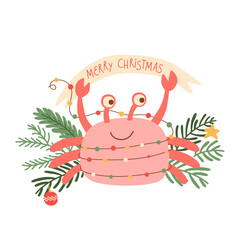 Christmas crab decorated green fir branch and light. Vector tropical Christmas party celebration isolated element.