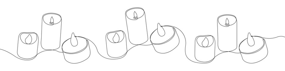 Candle icon line continuous drawing vector. One line Electric safe candle icon vector background. Set of burning candles icon. Continuous outline of Wax, paraffin candle. - obrazy, fototapety, plakaty