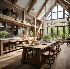 large open area with wooden beams, in the style of florianne becker, cottagepunk, reimagined by industrial light and magic, lively tableaus, authentic details, german modernism, natural light