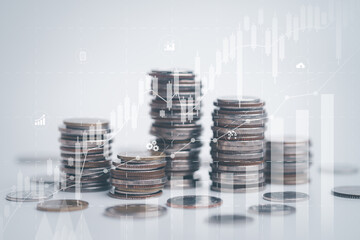 Double exposure of coins and city background for finance and banking concept,Financial, investment,saving, business concept.