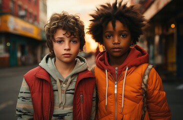 two young boys standing on a wooden playground, 