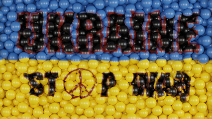 3d rendering. The Ukrainian flag. A lot of balloons with the symbol of Ukraine and a call to stop the war in Ukraine. A sign of pacifism.