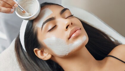 Young woman during face peeling procedure in salon	
