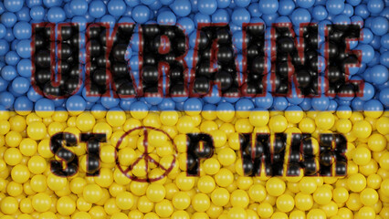 3d rendering. The Ukrainian flag. A lot of balloons with the symbol of Ukraine and a call to stop the war in Ukraine. A sign of pacifism.